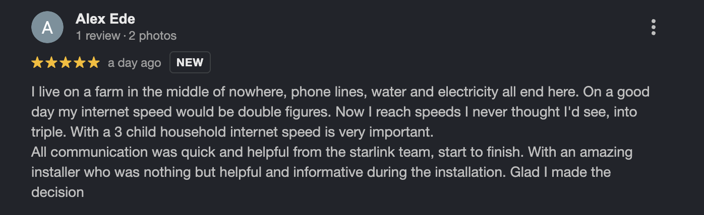 5-star Google review from Alex Ede — farm customer