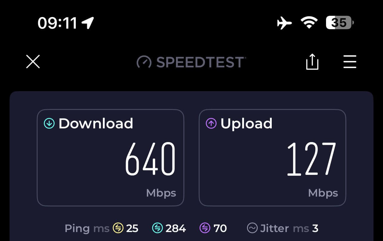 Speedtest showing 640 Mbps download at construction site